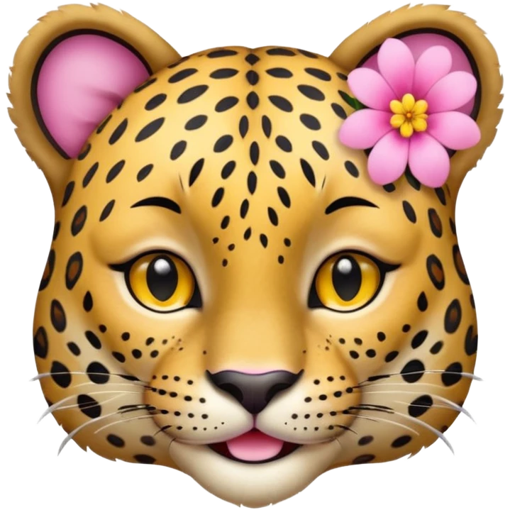 A leopard with peaceful smile, A pink flower with a yellow center is tucked behind its right ear
 emoji