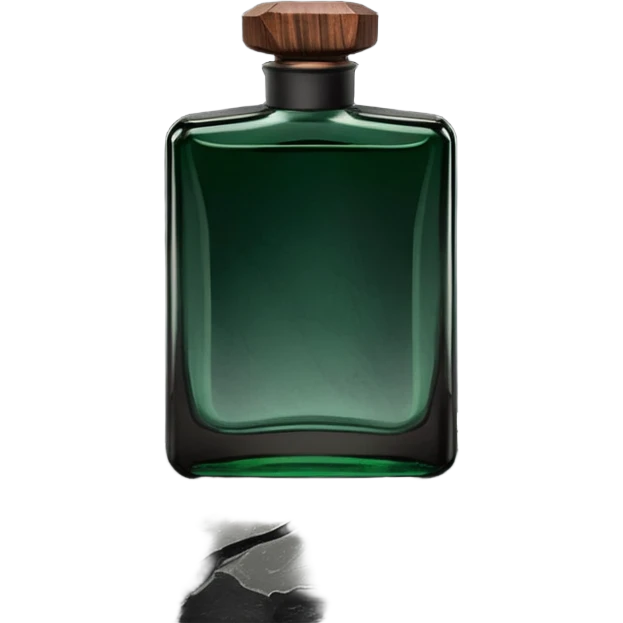 A masculine fragrance bottle featuring a gradient of deep forest green to charred black glass. The cap is made of dark walnut wood. The bottle is placed on a jagged piece of slate rock with a faint mist in the background. Earthy, moody, textured, photorealistic. emoji