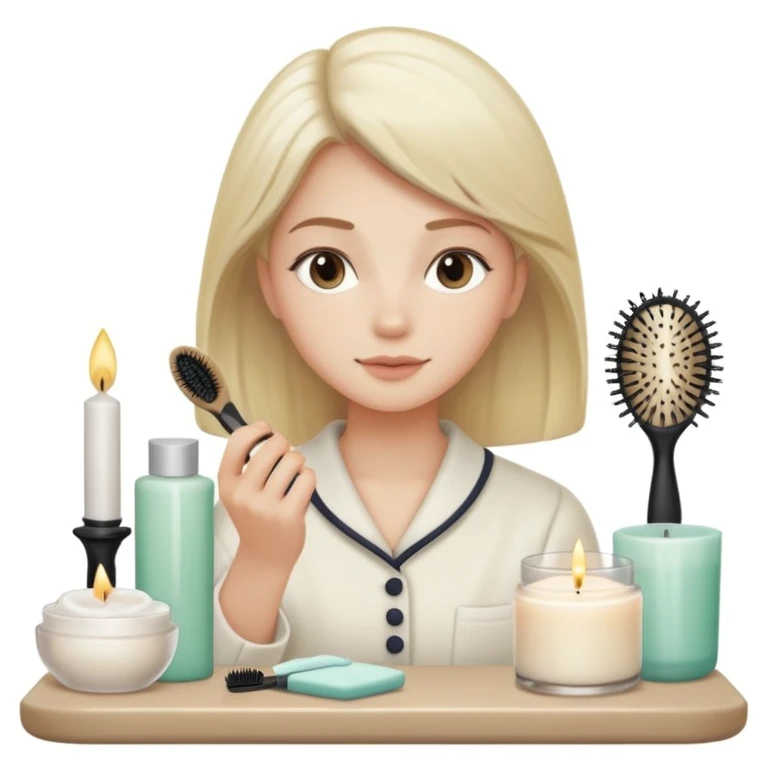 clean girl aesthetic emoji, tidy vanity with skincare products, candle, hairbrush, soft lighting, neutral tones emoji