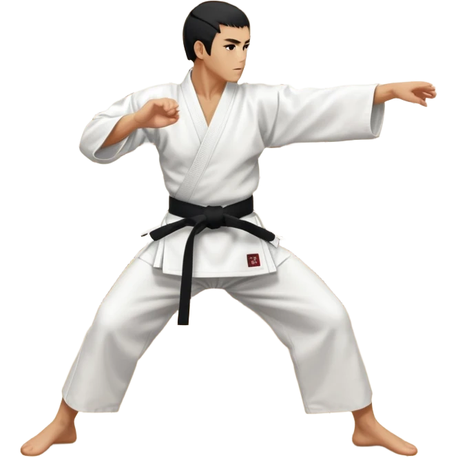 An icon showcasing a martial artist in a dynamic aikido move, performing a graceful throw or joint lock. The background includes a traditional dojo with wooden floors and simple decor. The artist wears a white gi with a black hakama, emphasizing the fluidity and precision of aikido. T emoji