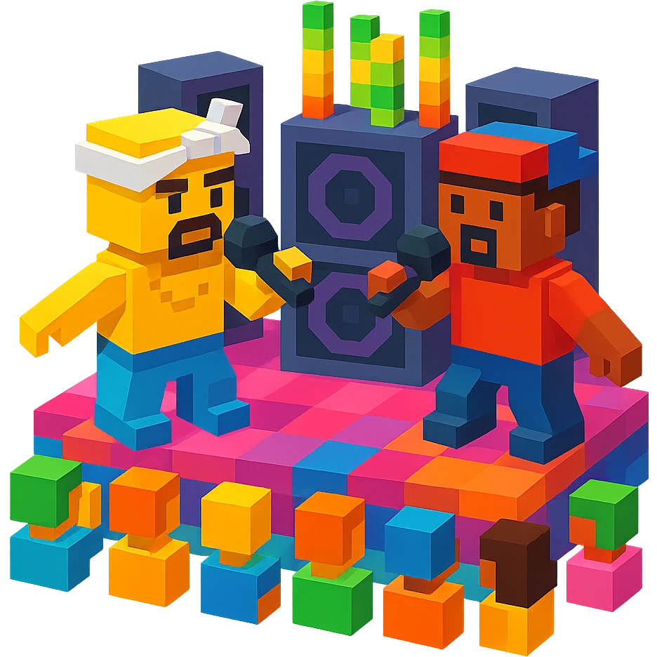 Lego 2Pac in a rap battle, facing off against another rapper, detailed crowd and stage emoji