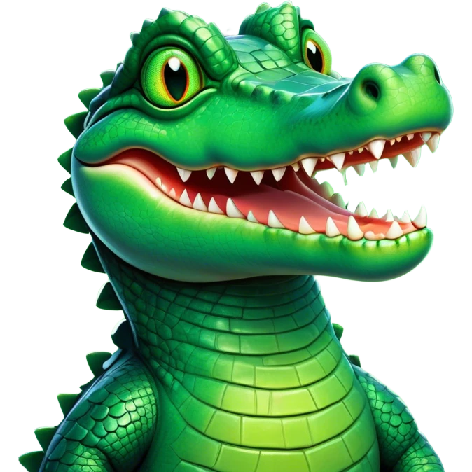 Cinematic Comical Crocodile Portrait Emoji, Head tilted dramatically with an exaggeratedly amused expression, featuring a striking, glossy emerald-green hide with bold textured scales and wide, expressive eyes filled with playful disbelief, Simplified yet hilariously expressive features, highly detailed, glowing with a slightly sassy glow, high shine, dramatic yet playful, stylized with an air of cheeky mischief, bright and endearing, soft glowing outline, capturing the essence of a spirited and over-the-top crocodile, so meme-worthy it feels like it could snap its jaws into internet fame instantly! emoji