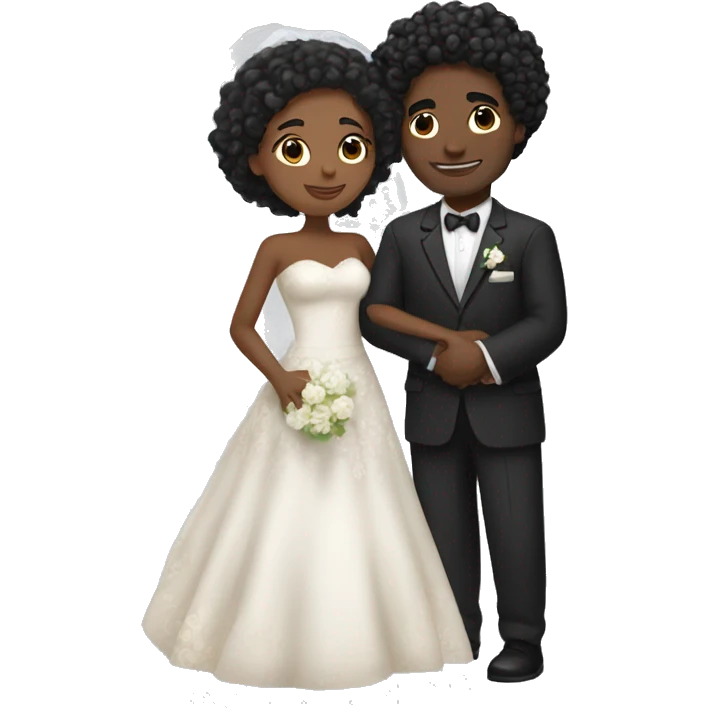 African Bride and Groom. Medium Brown skin. Black long curly hair. Short black haircut. Hugging each other. Eyes closed. emoji