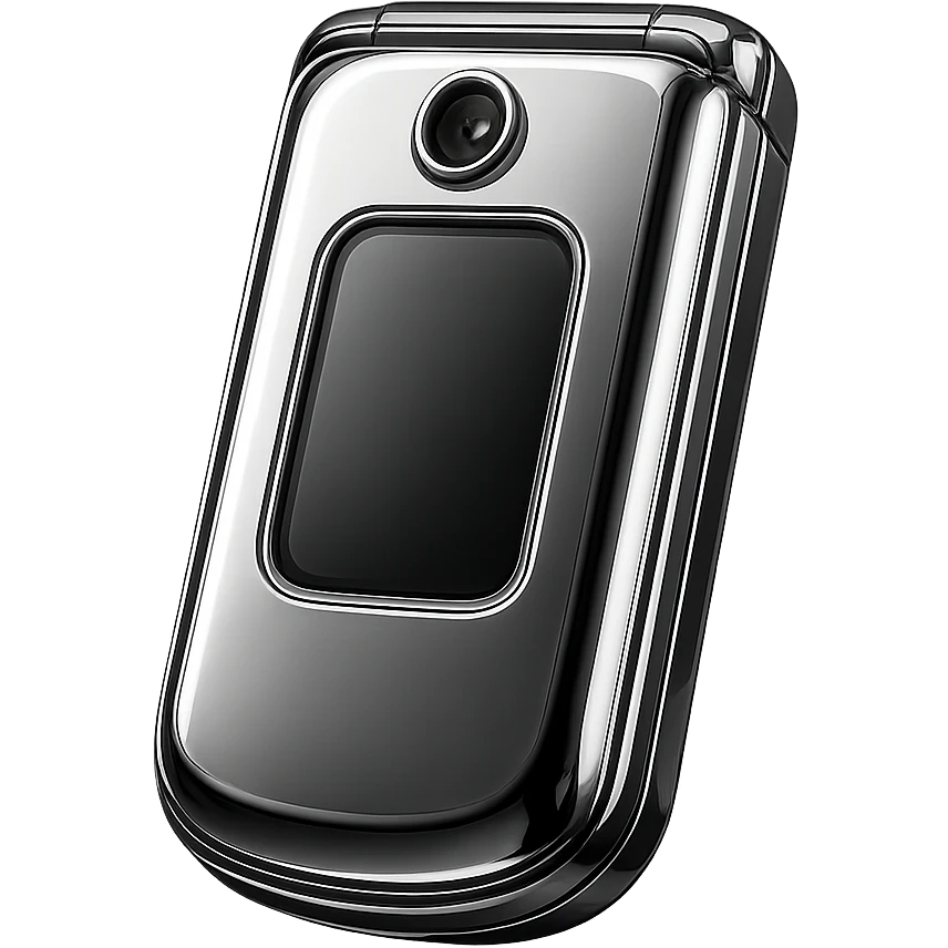 Y2K folder phone with a selfie camera, shiny chrome and neon accents emoji