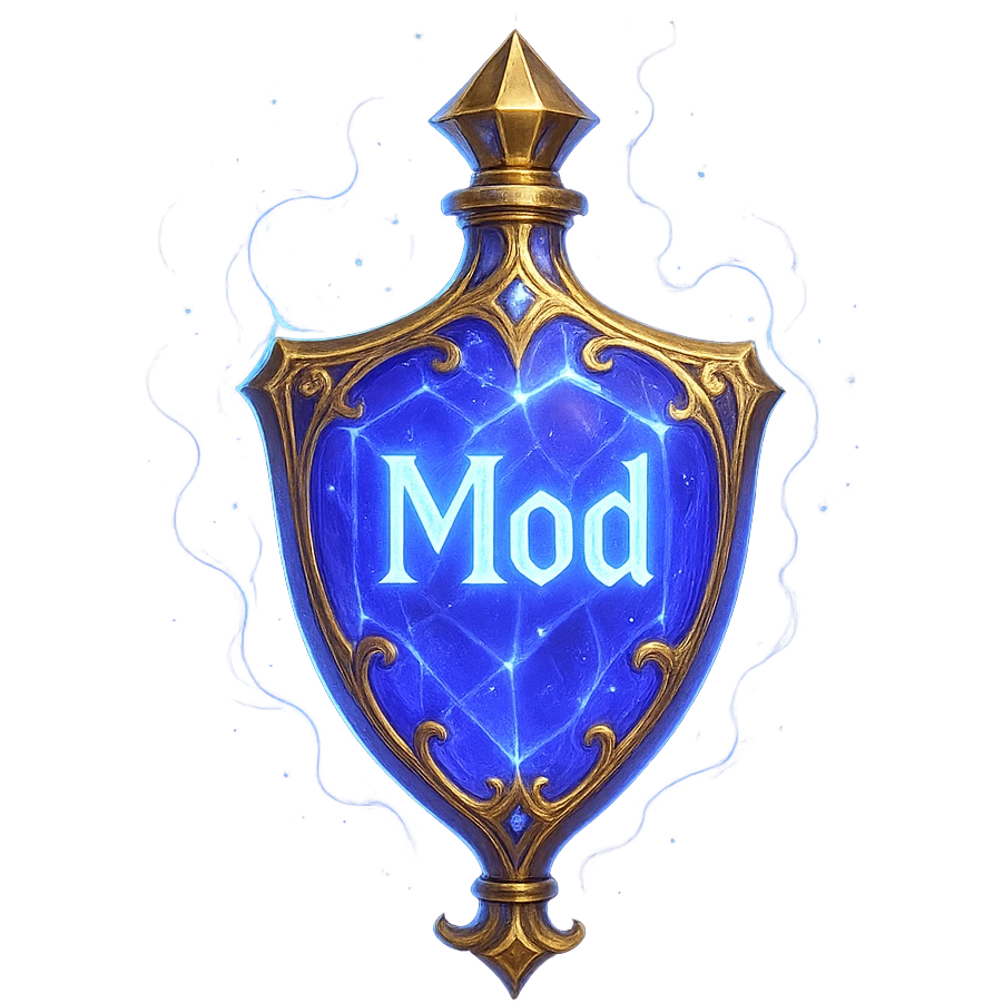 very luxurious crystal shield-shaped elixir bottle, color #7986cb, with inscription 'Mod', lots of glow, edges, ornaments, golden details, magical effects, very small golden neck, transparent background, beautiful seamless base, bottle clearly floating in air, no base or shadow, premium class, modern, matching collection emoji