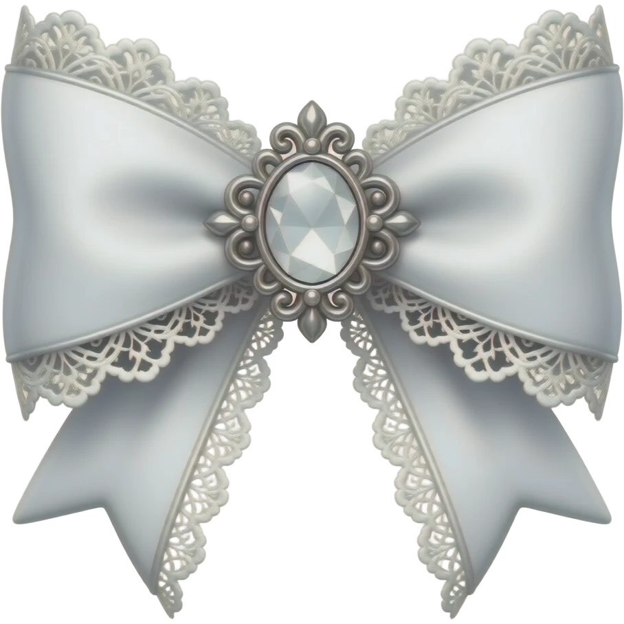 3D emoji gothic bow, white velvet, silver filigree, white lace trim, white gem, elegant metal frame on the gem emoji