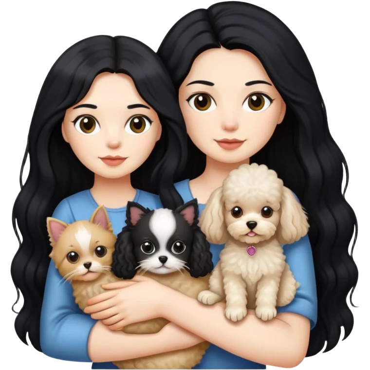 Lady with long black hair, holding 2 animals -a Ragdoll cat and a small poodle dog emoji
