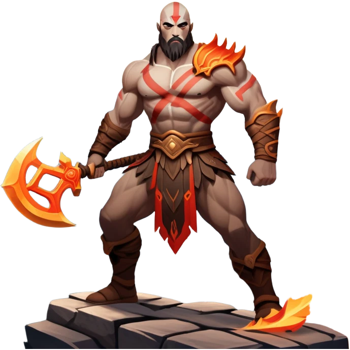 An icon showing a powerful warrior wielding a weapon, inspired by God of War: Ragnarok. The design captures the character’s strength, with dynamic motion lines. A fiery, mythological background with mountains and ruins enhances the epic atmosphere. Transparent background. emoji