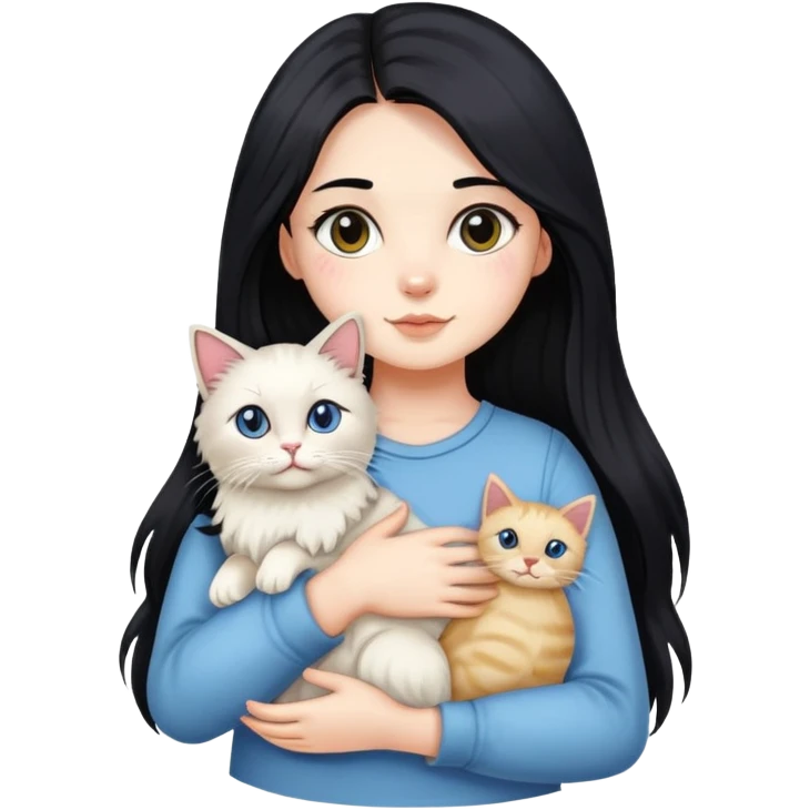 A girl with long black hair holding a cute Ragdoll cat emoji