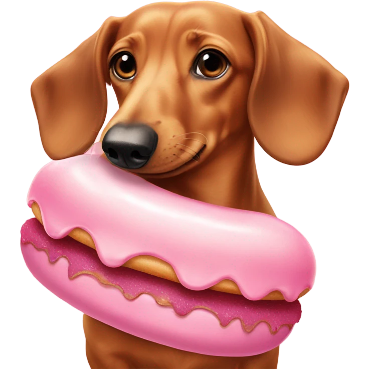 dachshund licking a pink frosted doughnut￼ emoji