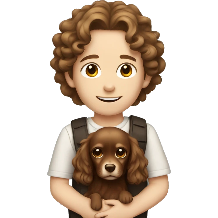 A boy with long brown curls and pale skin with his dark brown chiwawa emoji