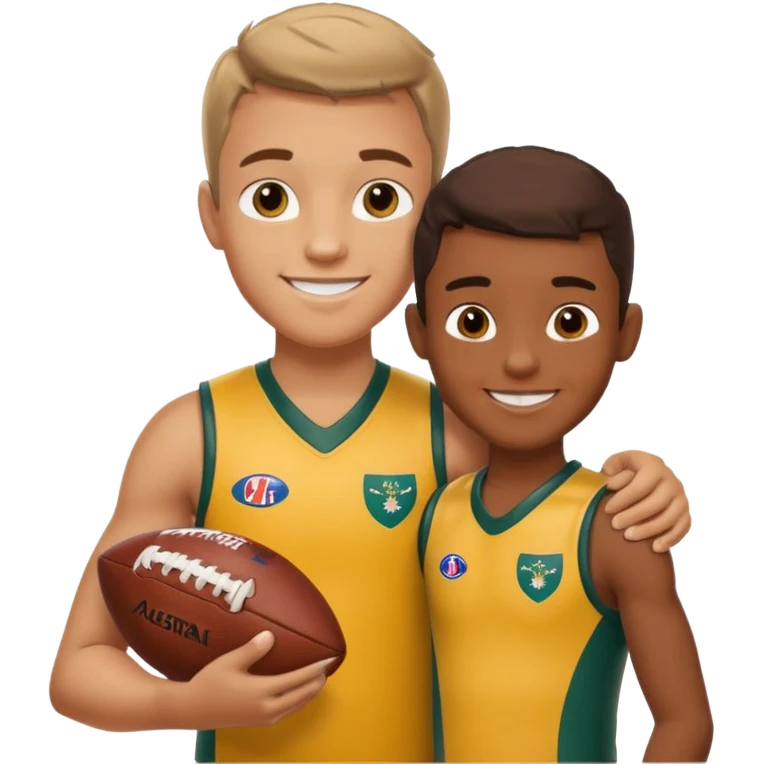A sportsman has his arm around a young fan and they are holding a AFL sherrin, they are in australian colours, they are smiling, one is white and one is brown emoji