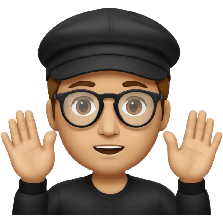 el Memoji es un personaje masculino con cabello castaño, gafas y una gorra blanca. Tiene la mano levantada como si estuviera diciendo "stop" o "espera". emoji