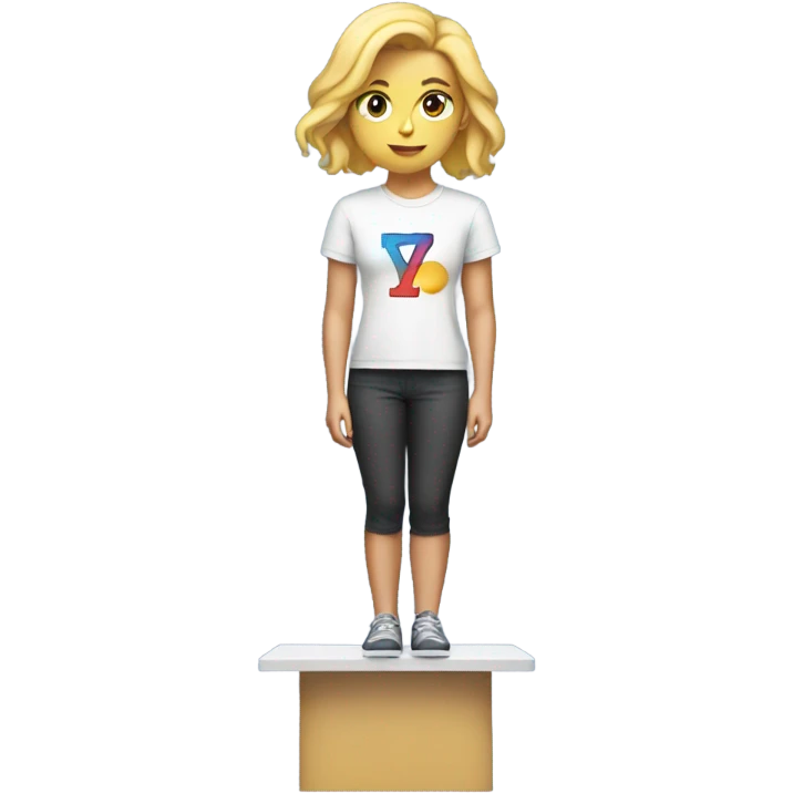 A blonde girl standing on top of a podium wearing a t shirt that says Y7 emoji