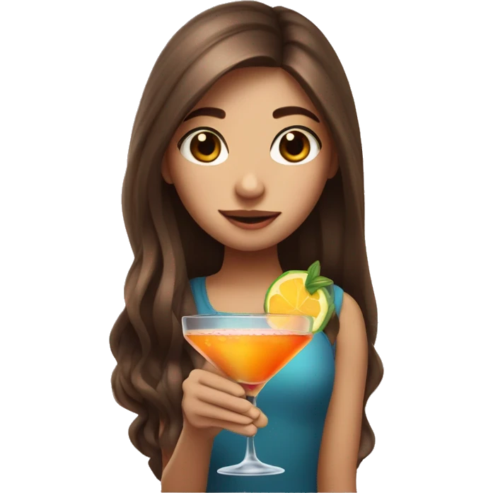 Dizzy cute girl with long brown hair holding a cocktail emoji
