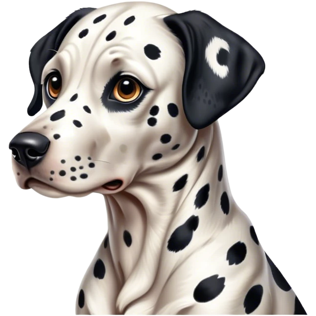 Cinematic Realistic full-body portrait of a Dalmatian dog, rendered with glossy, meticulously detailed spotted fur and expressive, alert eyes, set against a clean, neutral backdrop that highlights its regal and athletic stance. emoji
