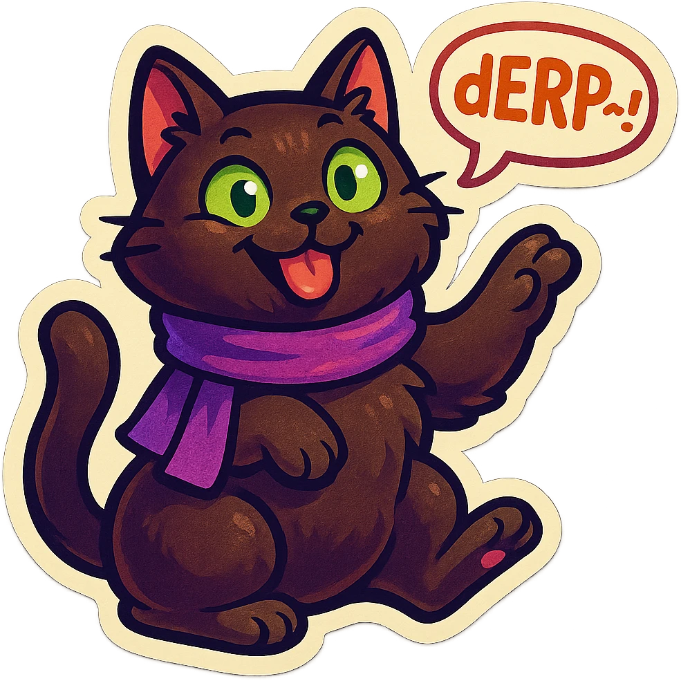 Fluffy cute playful silly smiling happy dark-brown cat with green eyes and a purple scarf saying ‘dErP~!’ (With a speech bubble) emoji