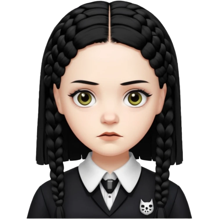 Draw Wednesday Addams (Jenna Ortega) with pale skin, black braids, dark uniform, white collar & intense stare. emoji
