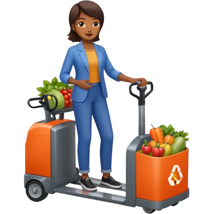 Femme sur un transpalette électrique, portant des canettes de fruits et de légumes emoji