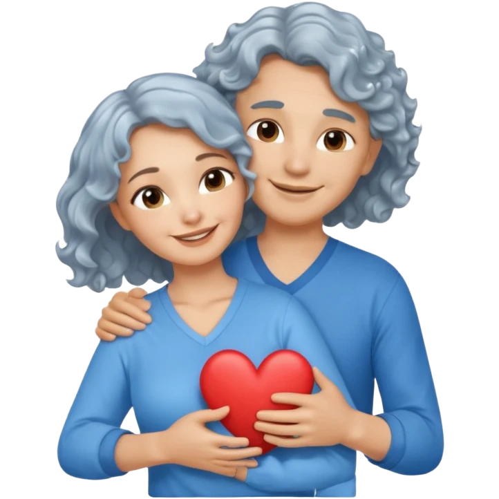 Silver hair, wavy/curly hair chin-length lady giving hug with 2 arms,  v-neck and smiling, add a heart, blue shirt emoji