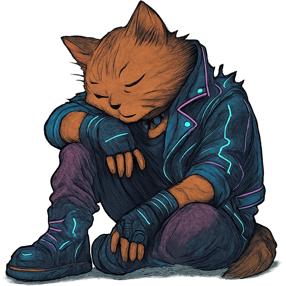  a anthro cat laying down his head to nap, punk gothic style, futuristic cyberwave cyberpunk, sitting position emoji