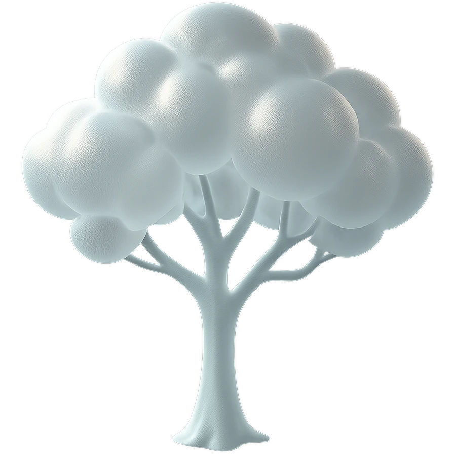 one tree with sprawling branches, white trunk, crown made of rich white fluffy clouds, matte glass style emoji