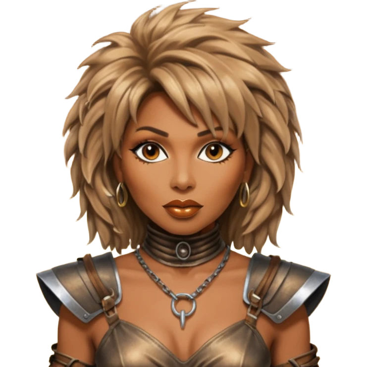 Solarpunk solar aesthetic shiny glowing divine lighting - portrait of Tina Turner in costume from the movie Mad Max Beyond Thunderdome, dramatic backlit by bronze spotlights emoji
