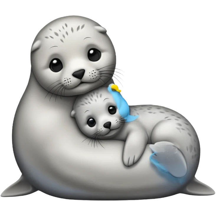 a seal pup cuddling with her mother, warm and affectionate, simple background, emoji style emoji