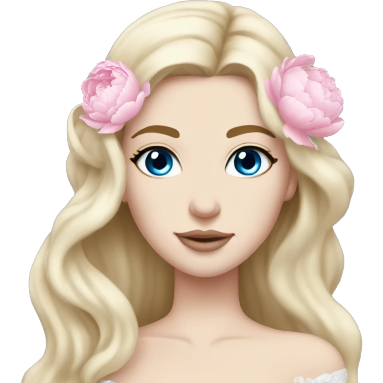White bride with long light blonde hair and blue eyes with light pink peonies in hair white skin light pink lips emoji
