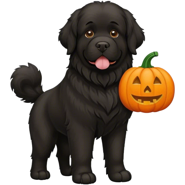 Black newfoundland dog with a pumpkin emoji