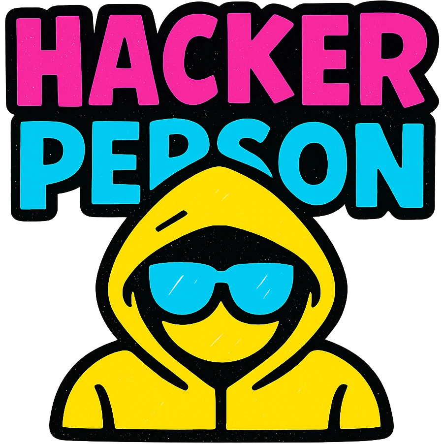 the phrase HACKER PERSON as a bold, eye-catching logo or icon in vibrant pop colors style emoji