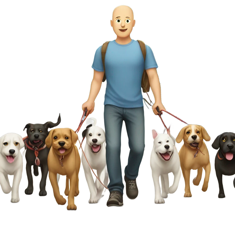 Bald man walking eight dogs on leashes emoji