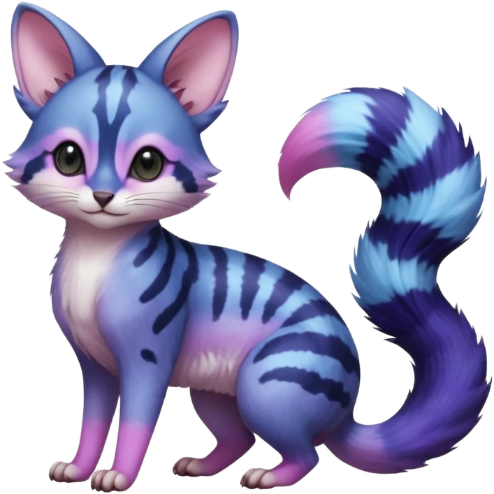 Hyper-realistic Blue-indigo-purple-pink-violet-gradients divine beautiful elegant pretty precious cute young youthful  Fakémon-Pokémon-alien-opossum-feline-serval-caracal-chinchilla-Minccino-hybrid-creature with a big fluffy bushy striped tail (full body) emoji