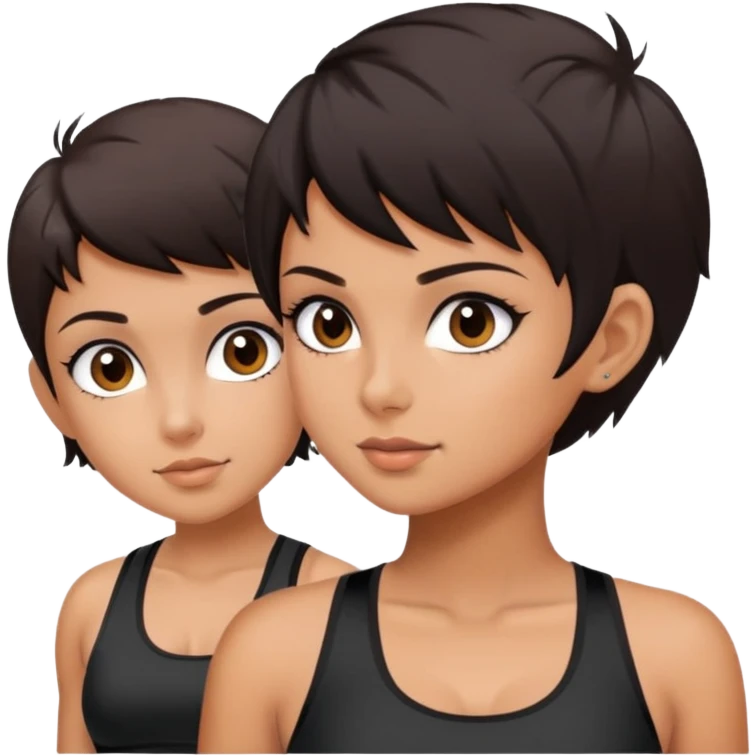 Beautiful girl tan skin dark brown eyes dark hair pixie hair cut wear black sports bra  emoji