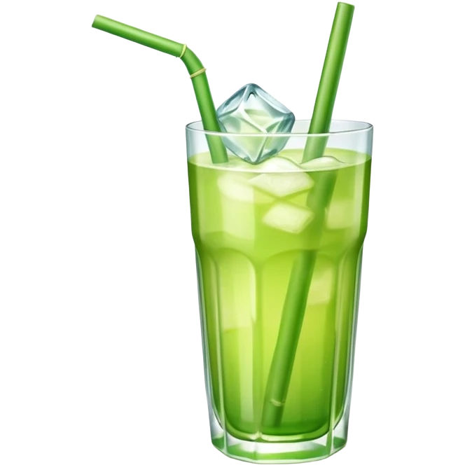 Glass of fresh sugarcane juice with ice cubes, light green liquid, a straw, refreshing beverage emoji