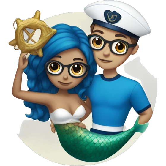 a sailor with brown hair and glasses lifting a mermaid with blue hair emoji