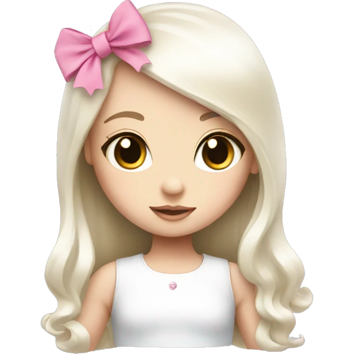cute white doll with pink bow, long straight hair  emoji