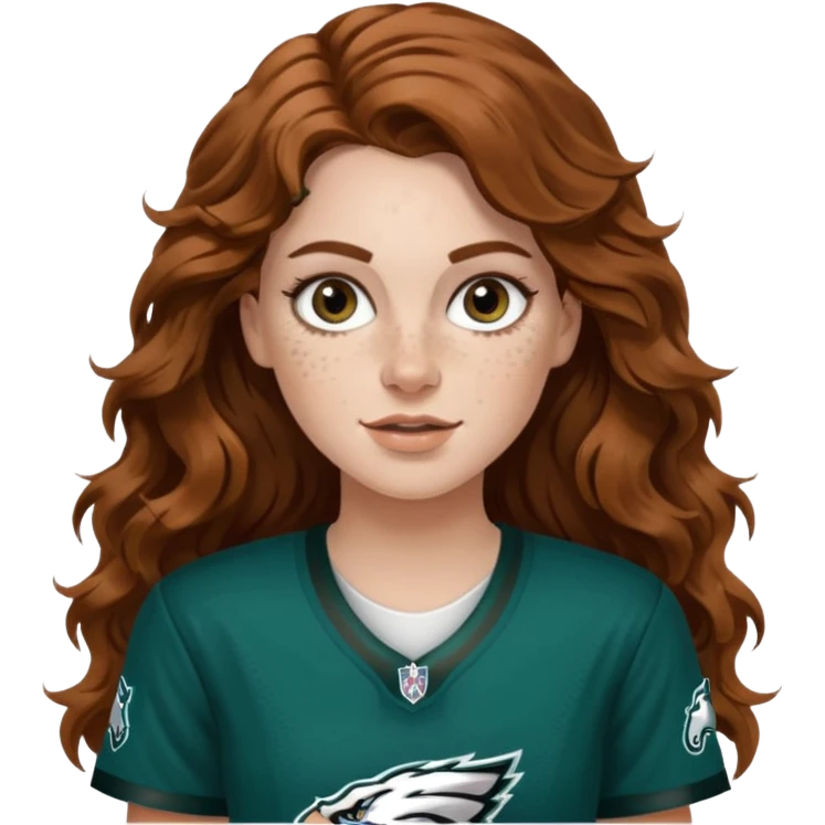White girl with long brown wavy hair and freckles wearring a Philadelphia eagles jersey emoji