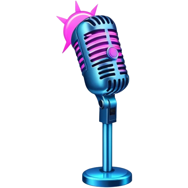 microphone with neon glow effect, blue neon glow on top left, pink neon glow on bottom right emoji