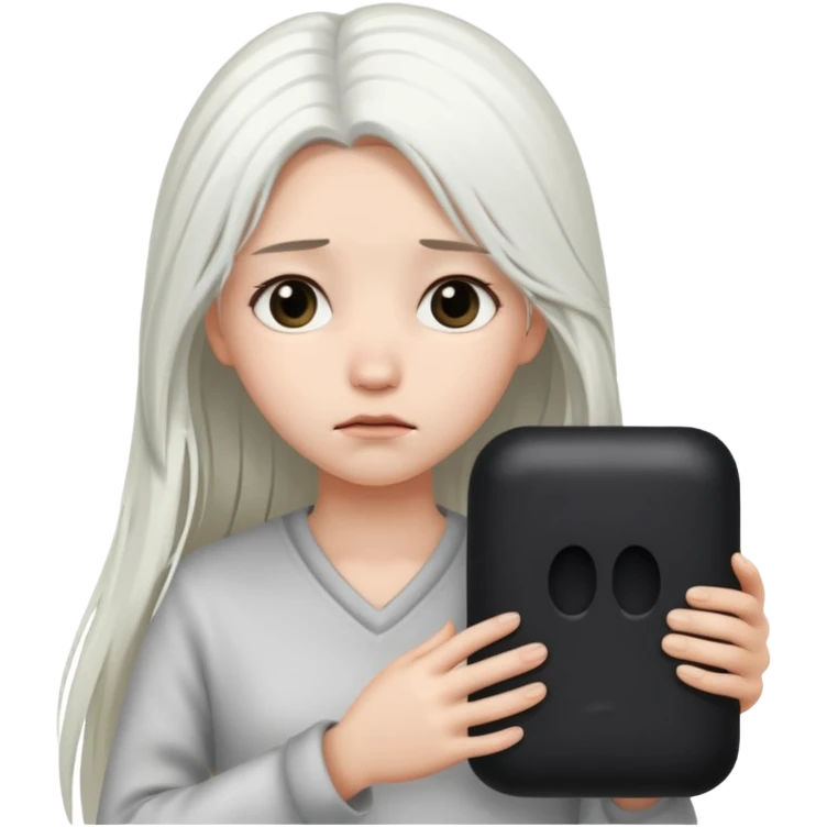 A girl with long white hair is sad and holds a black in her hands emoji