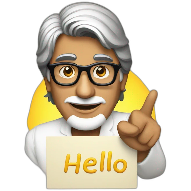 amitabh bachchan holding sign that says hello emoji