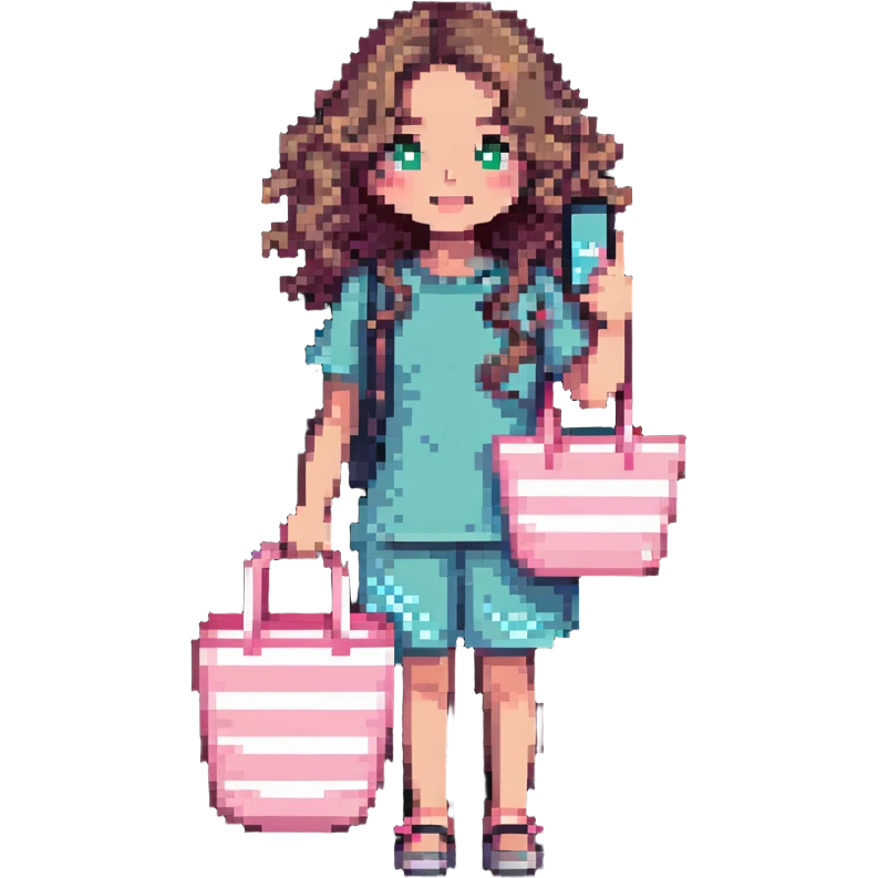 white girl with wavy hair holding her phone and a pink beach bag emoji