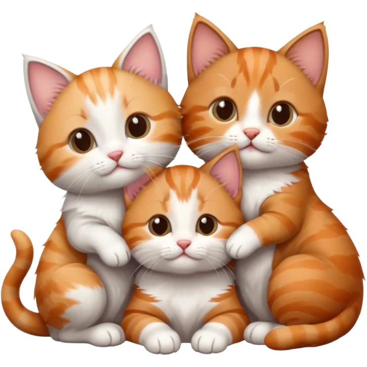 3 kittens cuddling together all different colours, the first one is grey and white, the second is ginger and white and the third is brown tabby and white emoji