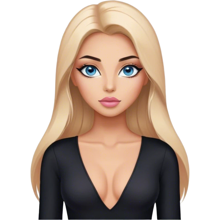 Glamours make-up, tanned, beautiful, girl, with blue eyes, big pump peach-beige-rose lips, eyeliner, long lashes, black straight smooth silky long hair, parting hair in the middle,  in black v-neck bodysuit long sleeves emoji