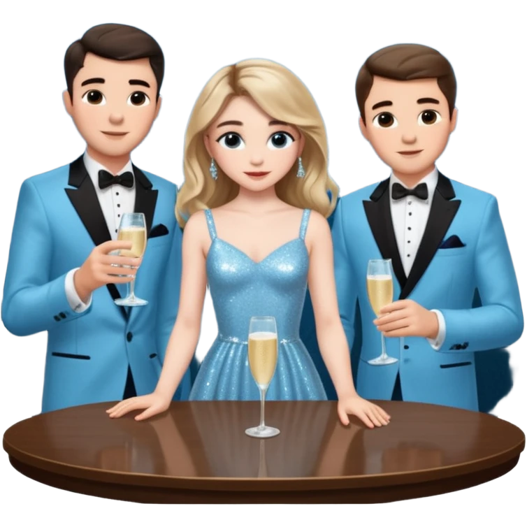 Sabrina’s carpenter in a light blue sparkly dress at a table with 3 handsome men facing each other and she is standing up putting her hand out. There are drinks on the table  emoji