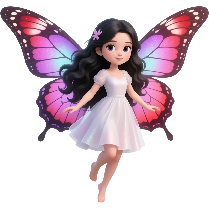 white girl fairy with long wavy black hair, pink and purple red butterfly wings sparkly emoji