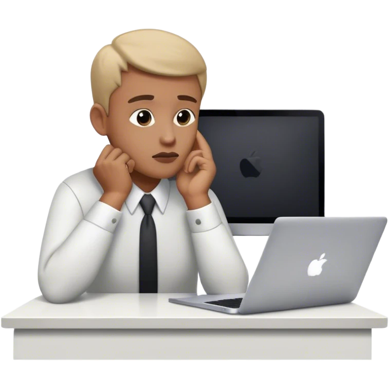 A business professional at a MacBook, gazing upward with a pensive expression, one hand on chin, lost in thought emoji