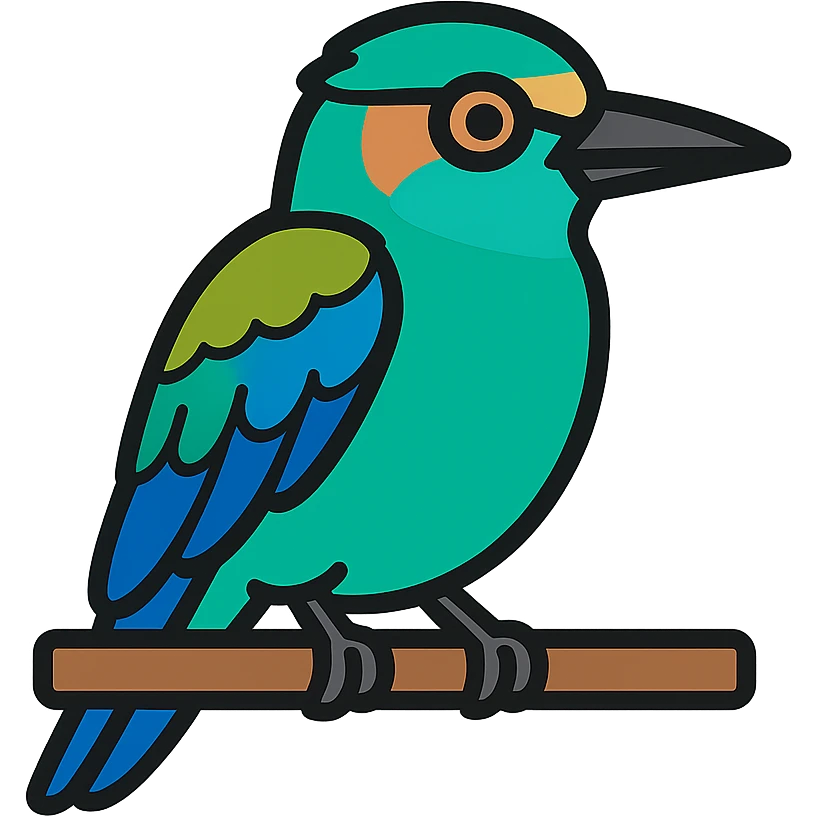 Convert this European Roller bird into a simplified emoji style with clear and recognizable features at small size. Keep vibrant blue and green colors. Transparent background. emoji