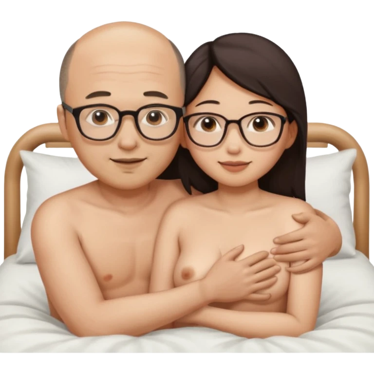 slightly balding asian man wearing glasses and asian woman naked in bed hugging emoji