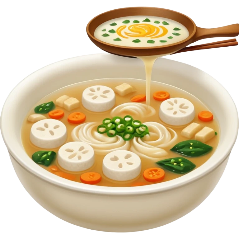 Make an emoji of tteokguk, a traditional Korean food. Okay, take the eggs out of that picture and put rice cakes in it. Make the soup white emoji